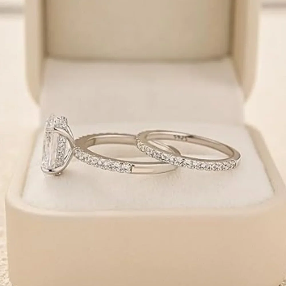 18K White Gold 3.5ct Oval Diamond Ring Set 925 Sterling Silver Wedding Bridal